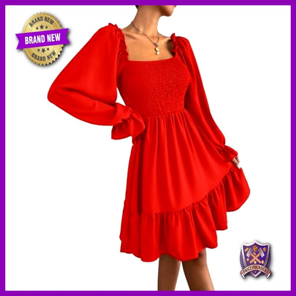 Square Neck Puff Sleeve Smocked Waist A-Line Swing Mini Dress Elegant Chic - Picture 4 of 7